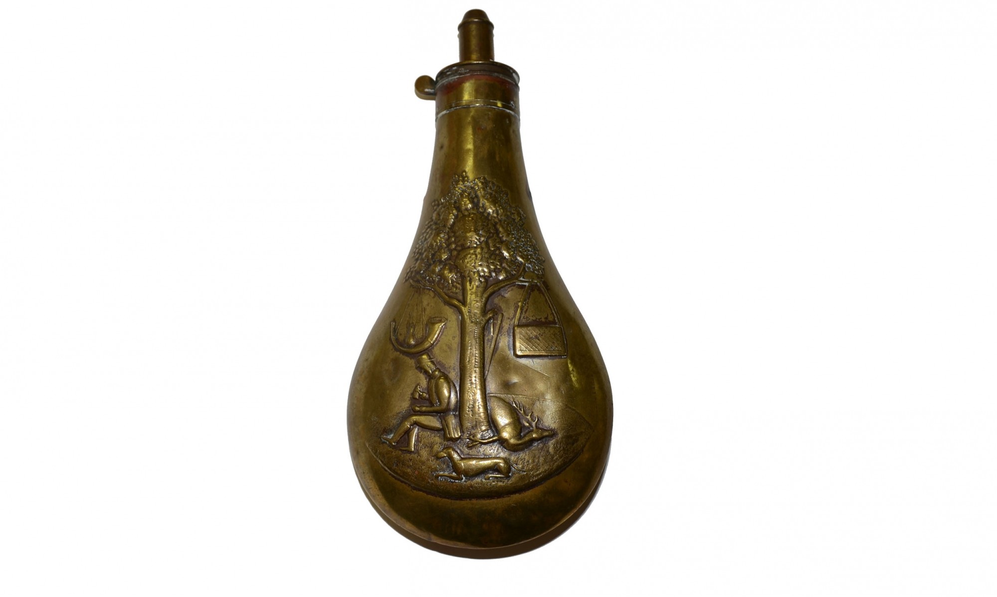 POWDER FLASK WITH MAKER'S MARK — Horse Soldier