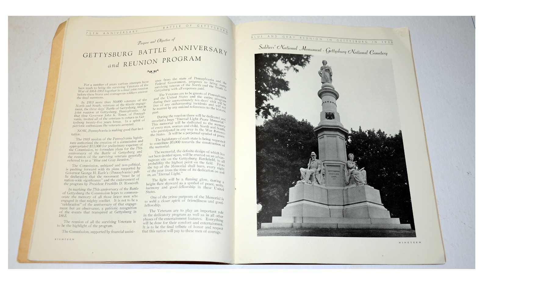 PROGRAM- VISIT GETTYSBURG BLUE AND GRAY REUNION, 75TH ANNIVERSARY 1938 ...