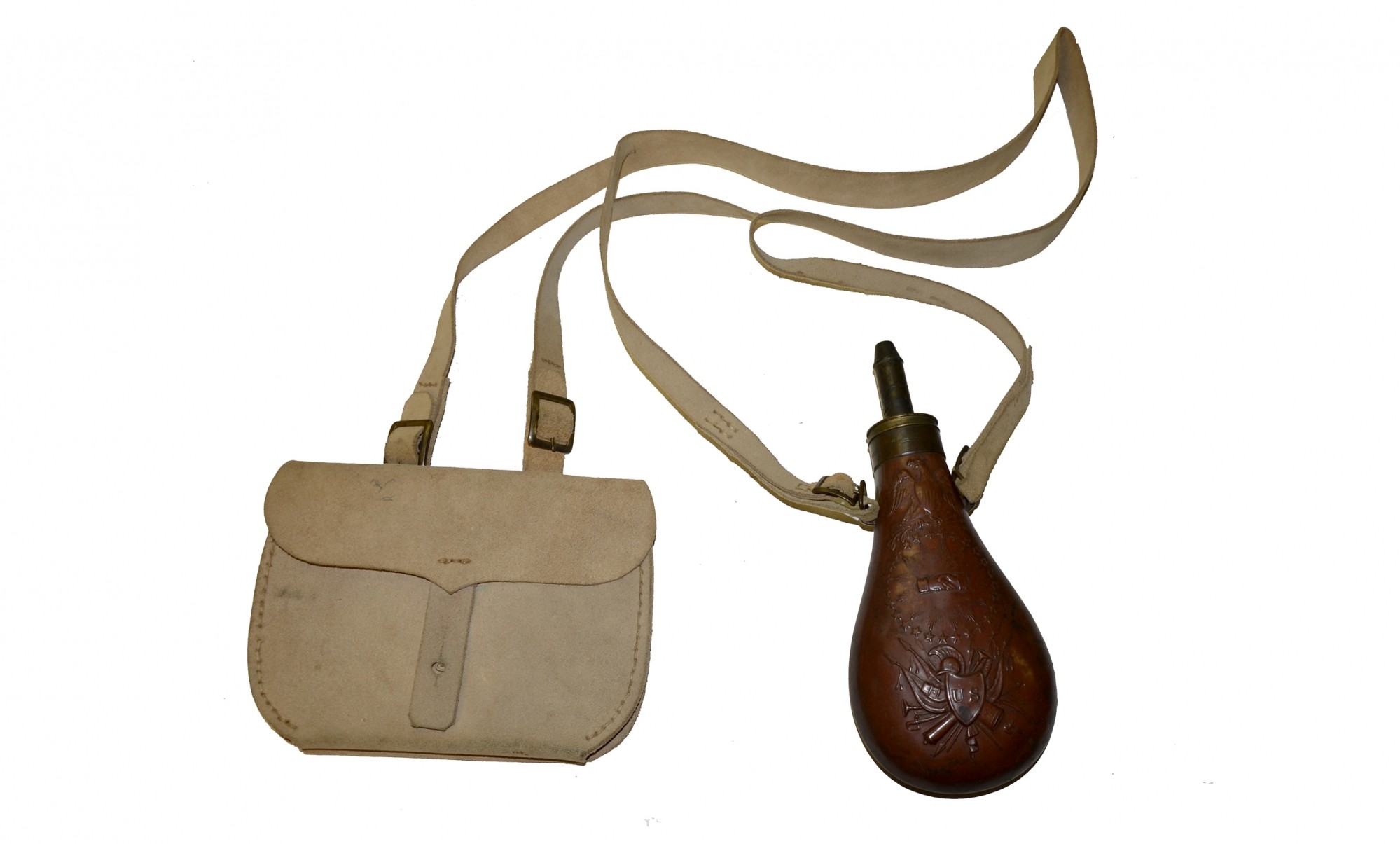 M1844 US “PEACE” POWDER FLASK WITH REPRODUCTION RIFLEMAN POUCH & SLING —  Horse Soldier