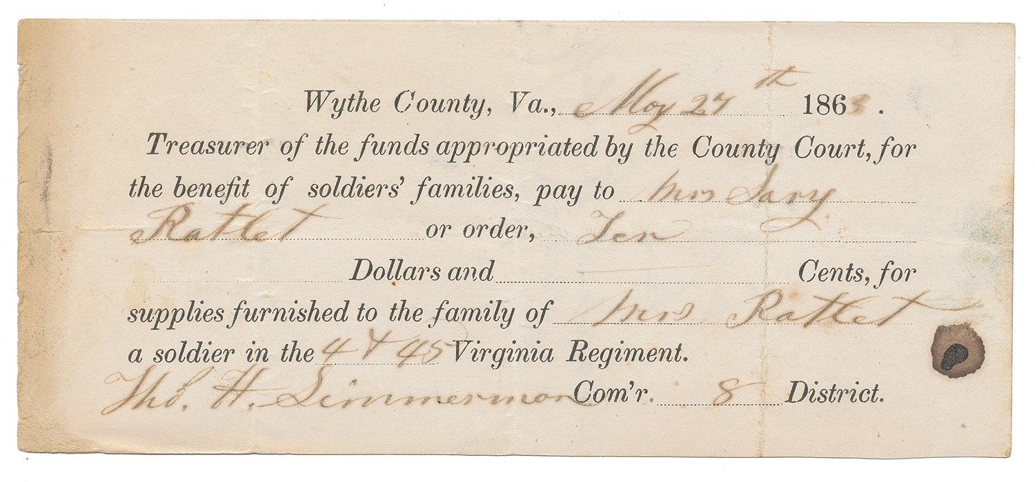 CONFEDERATE RECEIPT WYTHE COUNTY, VA FAMILY BENEFIT FUNDS — Horse Soldier