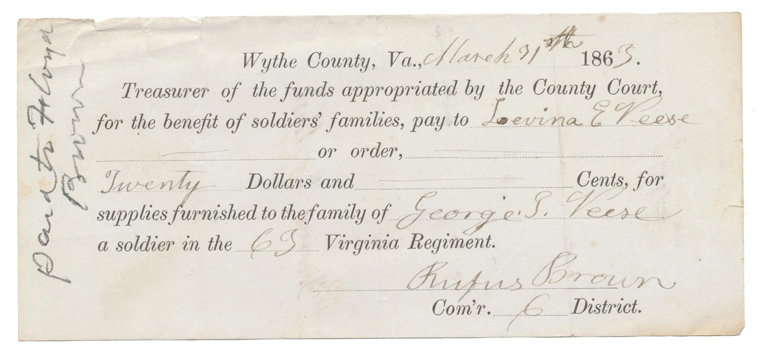 Confederate Receipt Wythe County, Va Family Benefit Funds — Horse Soldier