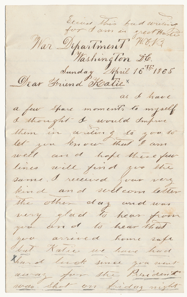 LETTER WRITTEN IN HASTE FROM THE WAR DEPARTMENT AT WASHINGTON ...