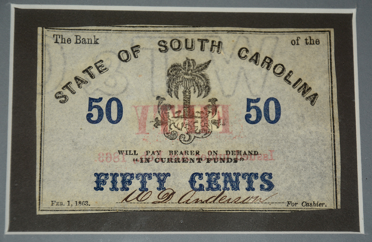 VERY NICE HAND CUT FRAMED SOUTH CAROLINA 50 CENTS BILL — Horse Soldier