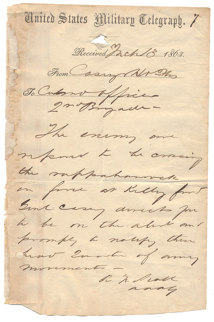 1863 UNITED STATES MILITARY TELEGRAPH MESSAGE — Horse Soldier