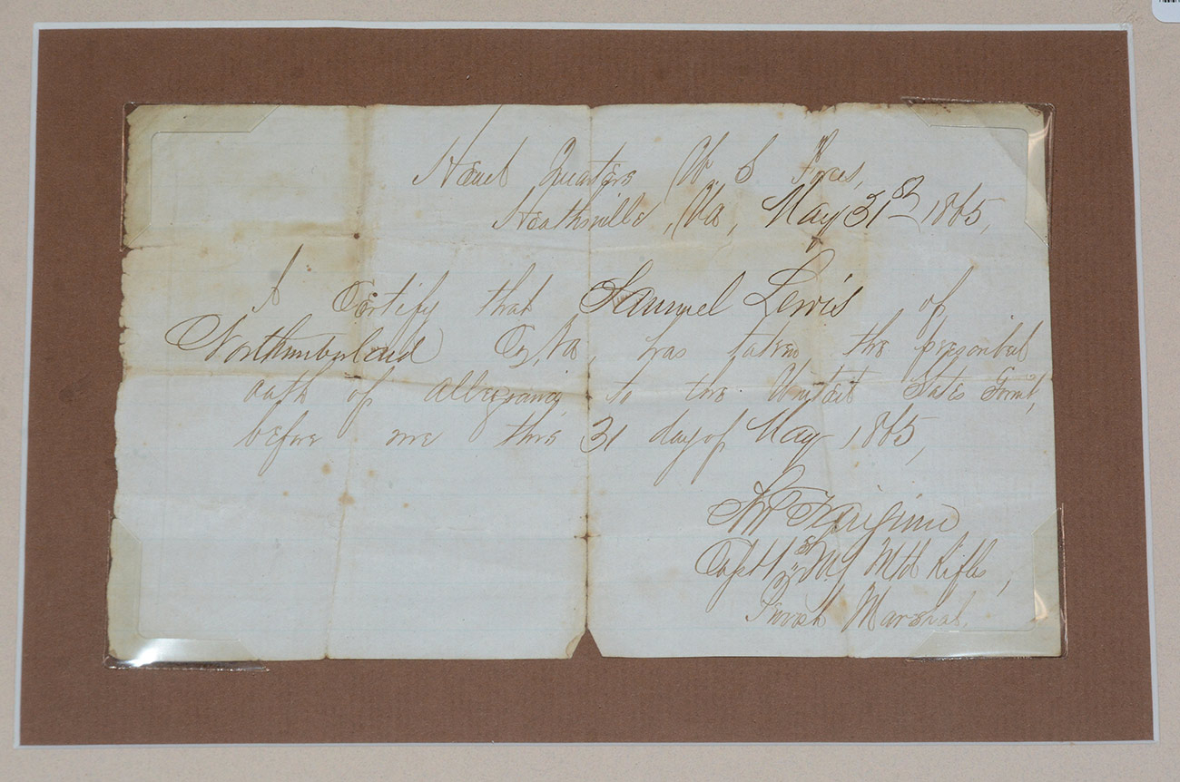 PAIR OF FRAMED 1865 DOCUMENTS RELATED TO SAMUEL P. LEWIS, 37TH VIRGINIA ...