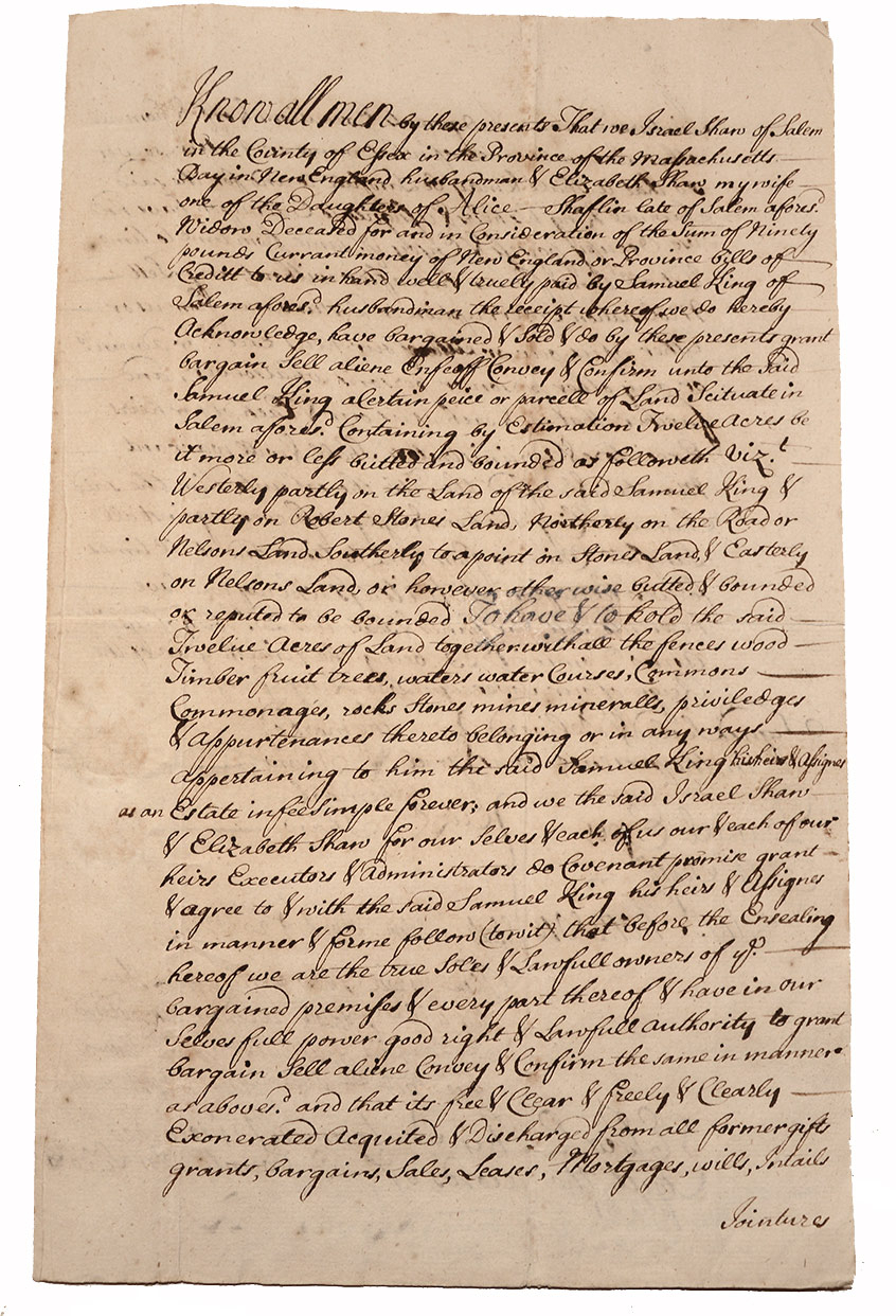 1723 SALEM MASSACHUSSETS LAND TRANSFER INSTRUMENT—TWO TITLE DEEDS IN ...