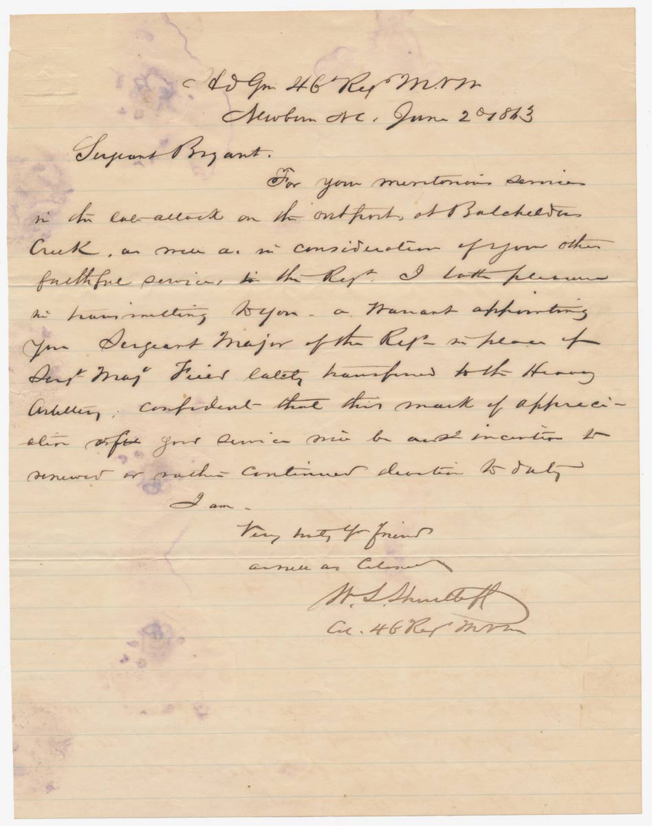 1863 LETTER OF PROMOTION AND COMMENDATION FOR ANDREW BRYANT, 46TH ...