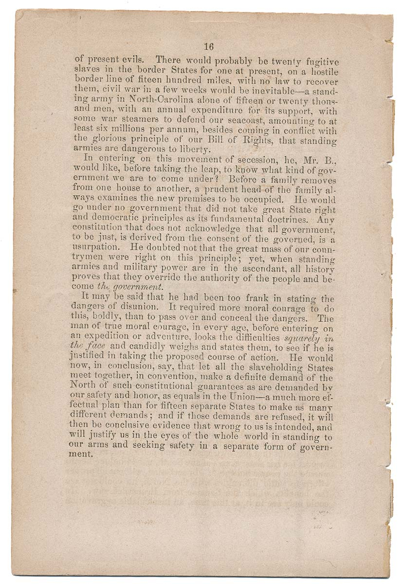 PAMPHLET ON SPEECH OF NORTH CAROLINA STATE SENATOR - DECEMBER 19, 1860 ...