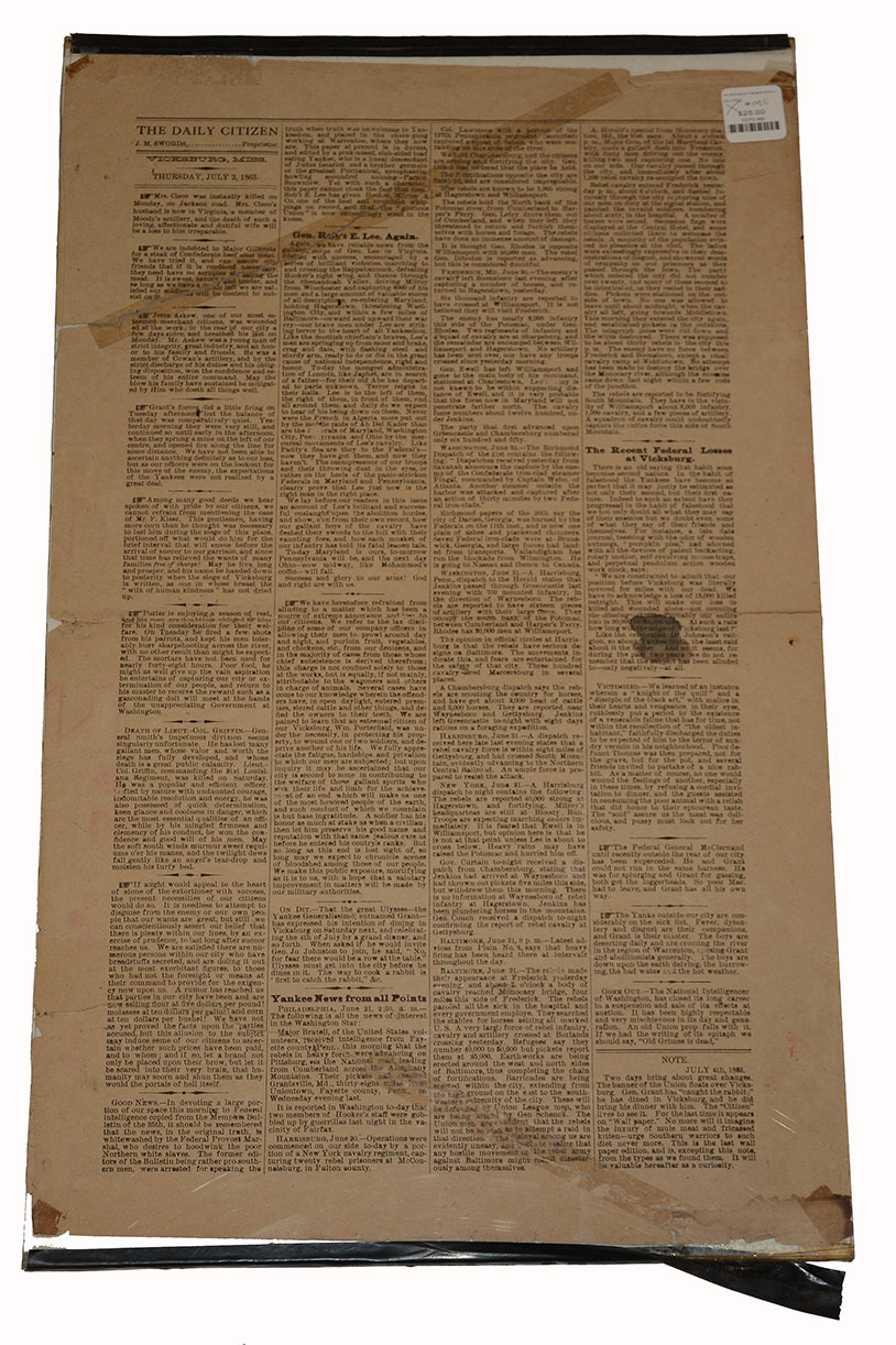 REPRODUCTION VICKSBURG NEWSPAPER