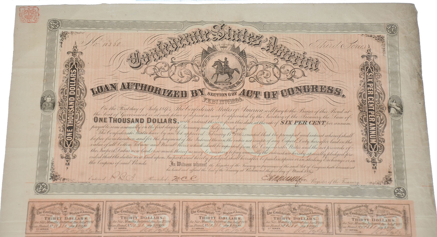 $1000 CONFEDERATE BOND — Horse Soldier