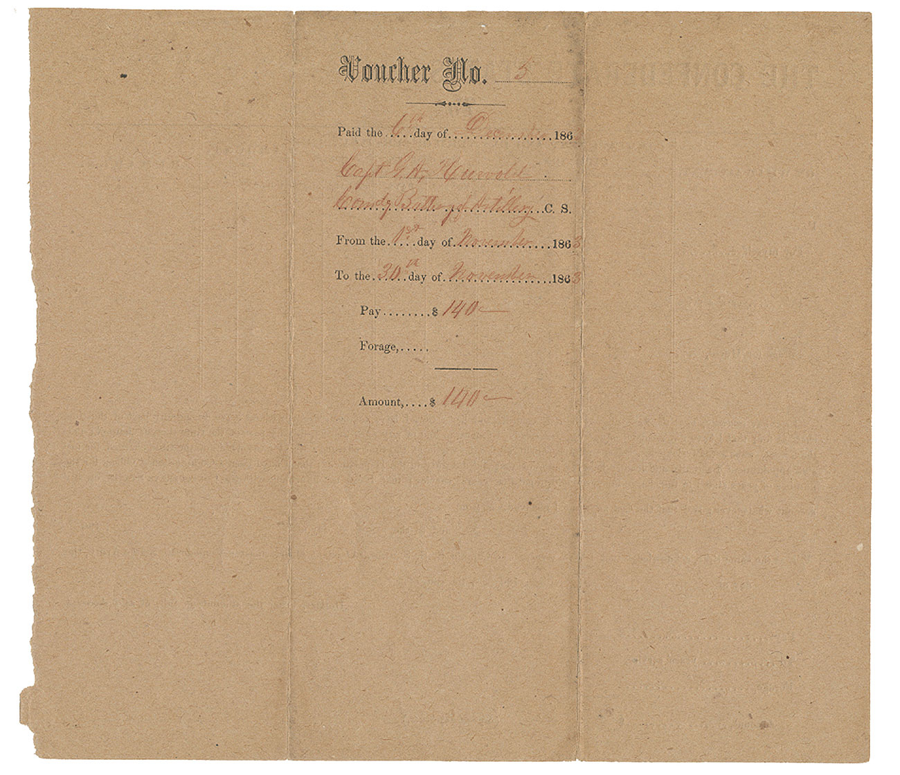 1863 CONFEDERATE OFFICER’S PAY VOUCHER - CAPTAIN G. A. HUWALD ...