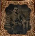 CASED 6th PLATE TINTYPE, SEATED CIVIL WAR SOLDIER WITH JACKET AND KEPI