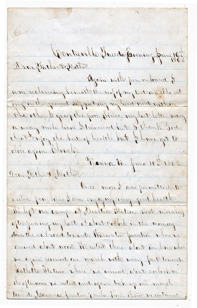 GETTYSBURG CAMPAIGN SOLDIER LETTER – PVT. CHARLES W. ANDREWS, 13th MASSACHUSETTS INFANTRY, MORTALLY WOUNDED ON JULY 1, 1863