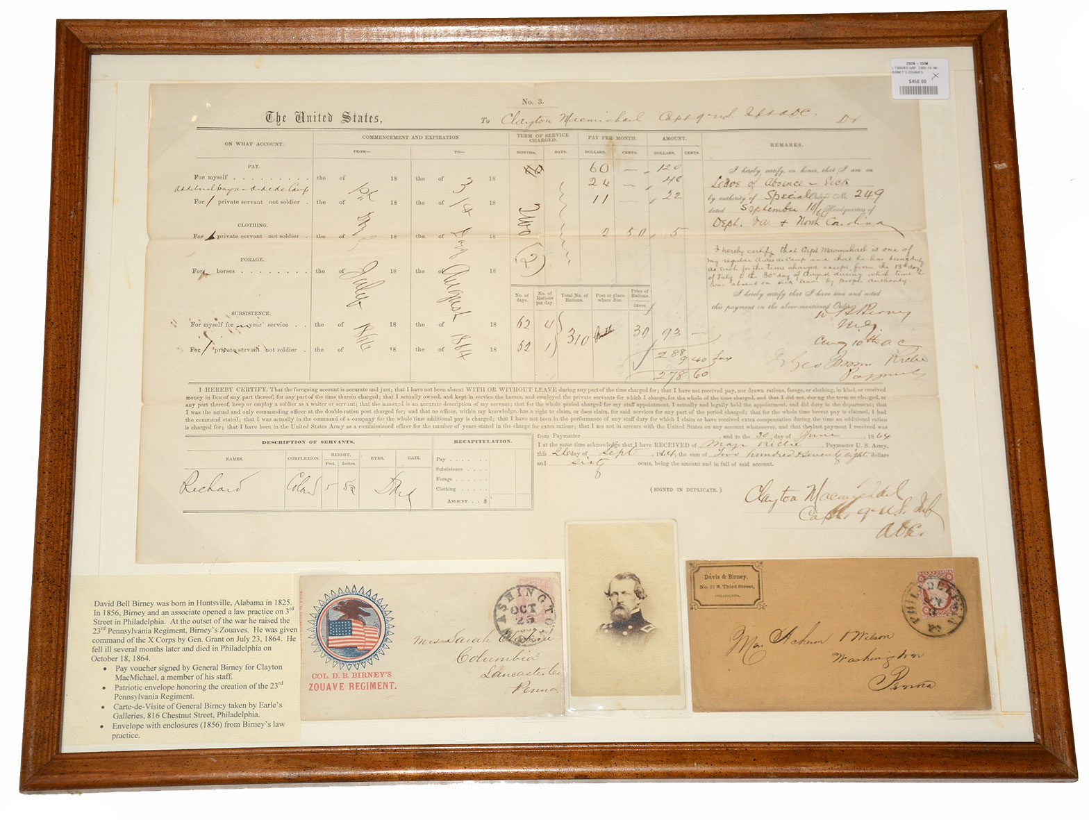 FRAMED DISPLAY OF DAVID BELL BIRNEY, INCLUDING SIGNED DOCUMENT