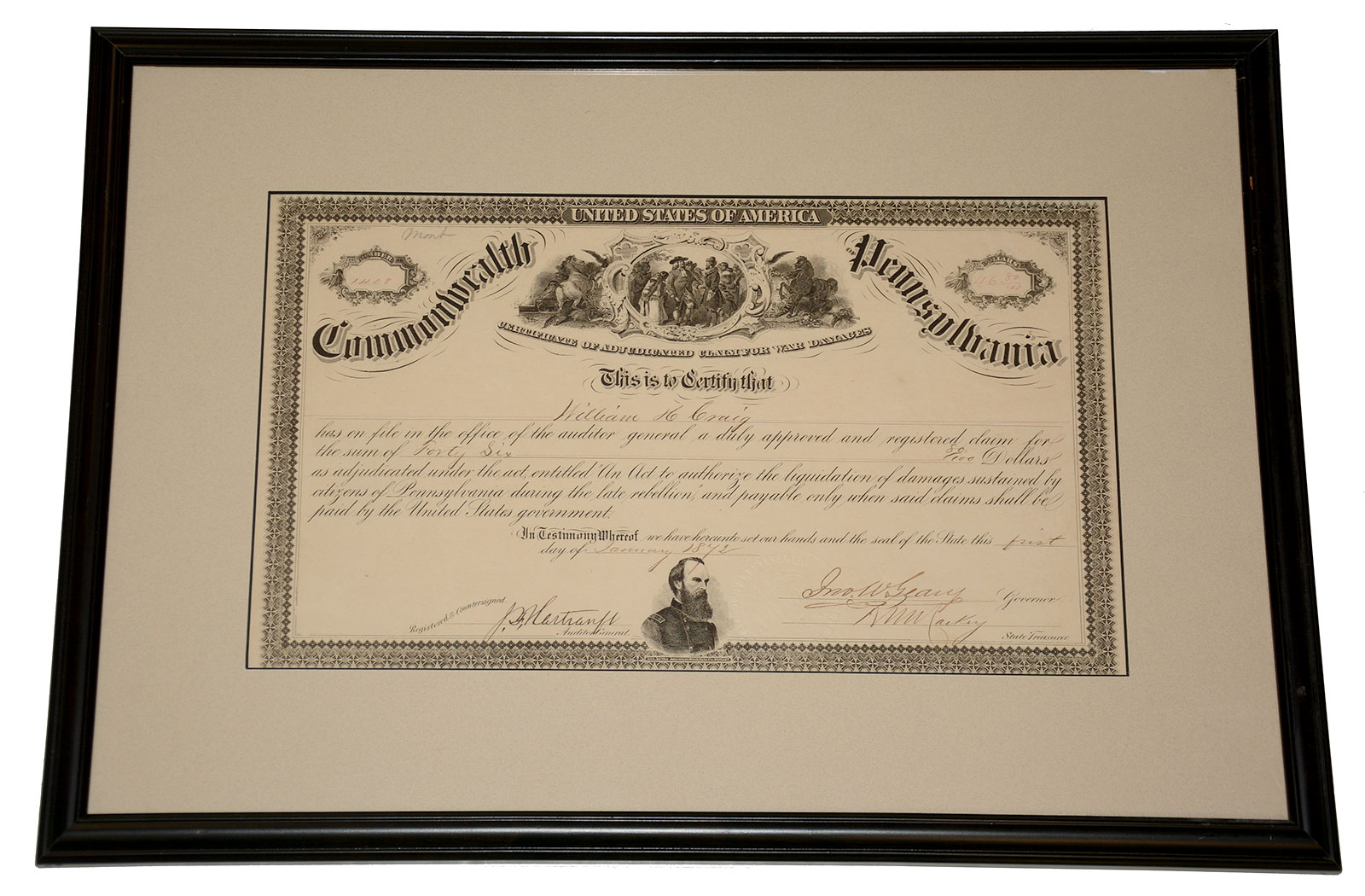 NICELY FRAMED CERTIFICATE FOR WARTIME DAMAGES WITH JOHN W. GEARY AND JOHN F. HARTRANFT SIGNATURES