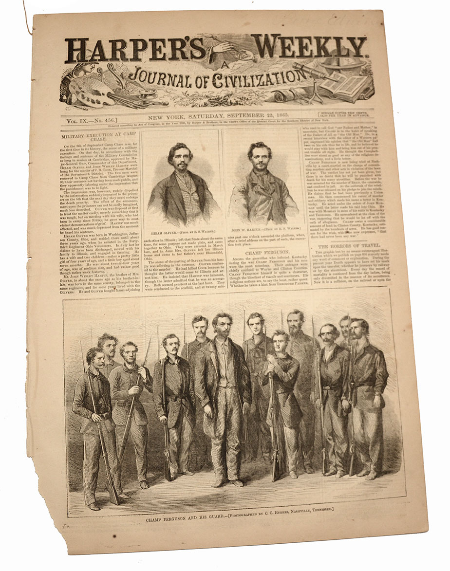 HARPER’S WEEKLY, NEW YORK, SEPTEMBER 23, 1865—TRIALS OF CHAMP FERGUSON & CAPT. WIRZ/ GEN. LEE AT LEXINGTON