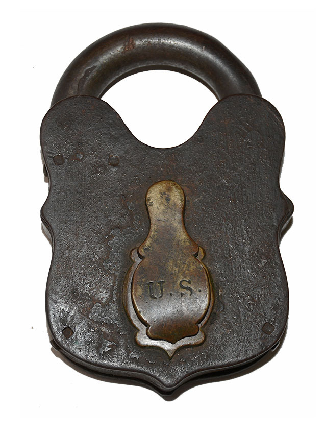 LARGE IRON PADLOCK WITH “U.S.” STAMPED KEYHOLE COVER