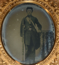 DOUBLE-ARMED UNION SOLDIER WITH HAVERSACK AND CANTEEN: CASED 6th PLATE AMBROTYPE