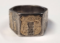 CONFEDERATE SILVER AND GOLD INLAID IDENTIFICATION RING WITH PATRIOTIC AND RELIGIOUS MOTIFS AND CONFEDERATE FLAG, OF AUGUSTUS SEARS CO. E 2nd BATTALION MISSOURI SHARPSHOOTERS