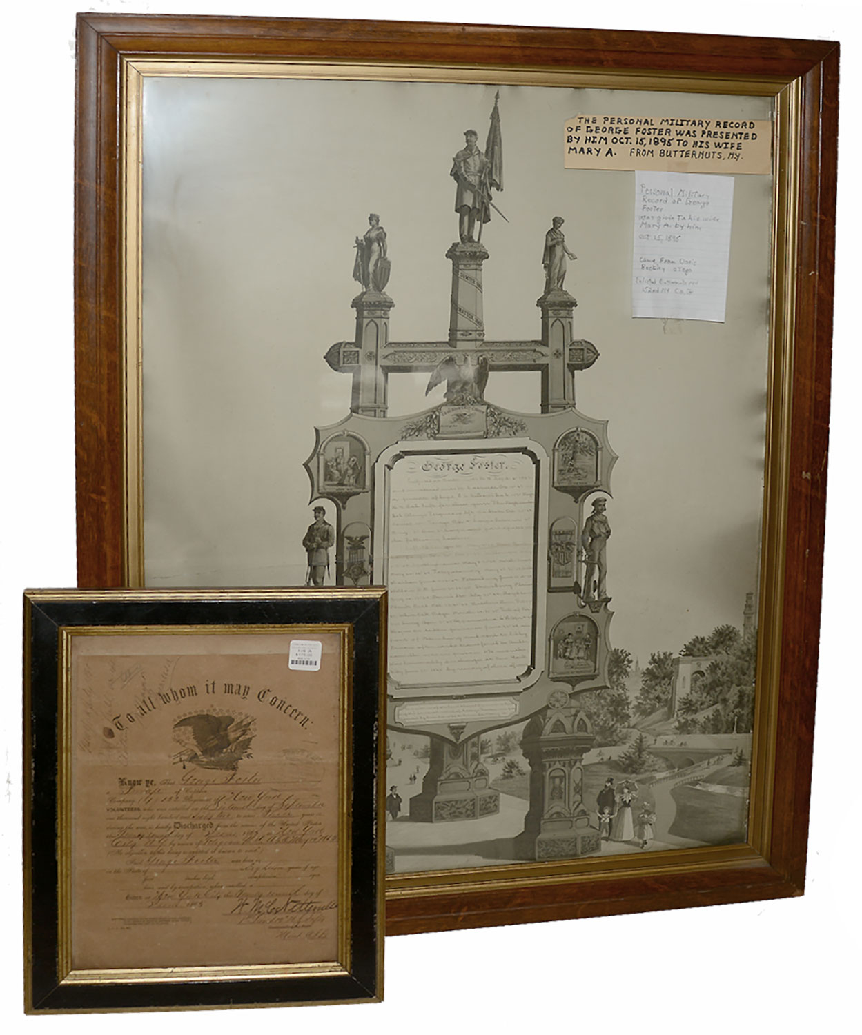 FRAMED CIVIL WAR DISCHARGE AND SOLDIER’S MEMORIAL BEARING THE PERSONAL RECORD OF GEORGE FOSTER, COMPANY G 152nd NEW YORK, CAPTURED AT THE WELDON RAILROAD AT PETERSBURG