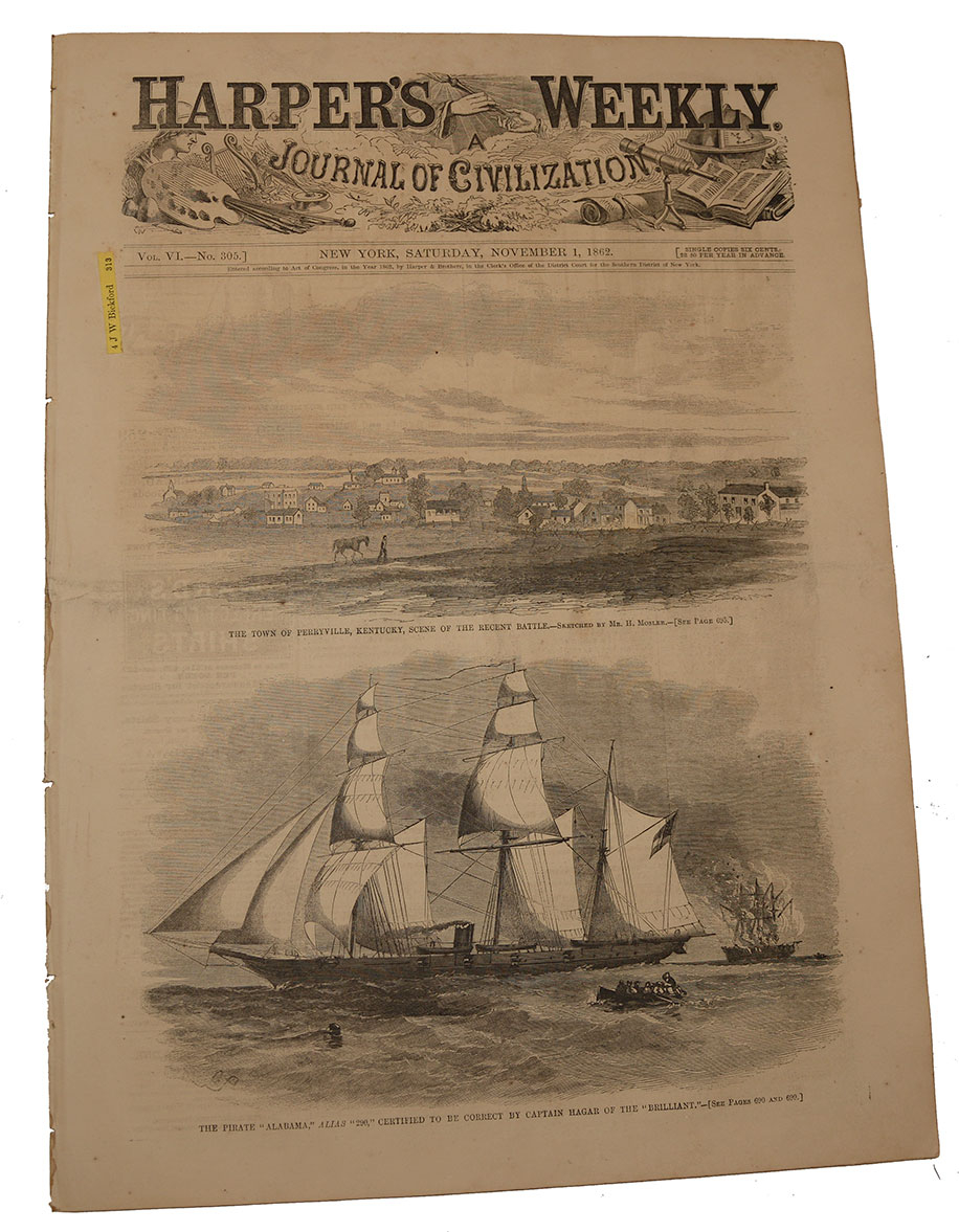 HARPER’S WEEKLY, NEW YORK, NOVEMBER 1, 1862 - BATTLE OF PERRYVILLE/CSS ALABAMA