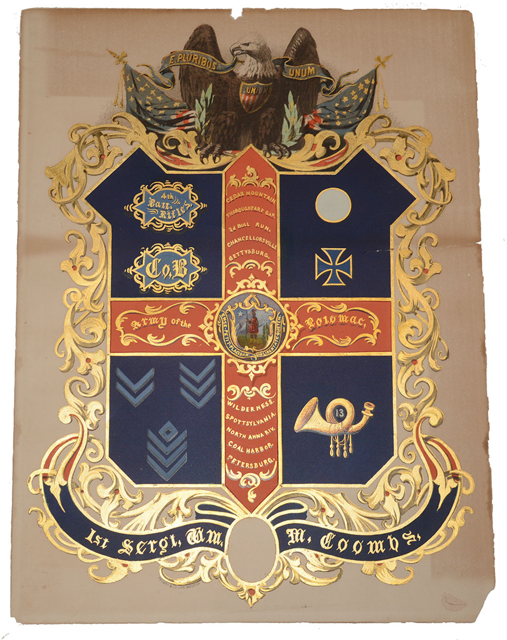 MULTI-COLOR SERVICE ESCUTCHEON OF WILLIAM COOMBS 13th MASS. VOLS. 