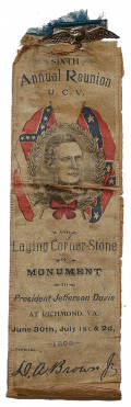 U.C.V. RIBBON FROM 1896 REUNION & LAYING OF CORNER STONE FOR JEFF DAVIS MONUMENT