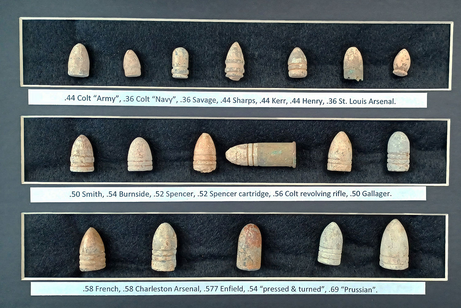 DISPLAY OF CIVIL WAR U.S. AND C.S. MUSKET, CARBINE, AND REVOLVER AMMUNITION