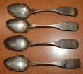 SET OF FOUR EARLY FIDDLE PATTERN SILVER SERVING SPOONS FROM “WATSON” OF FAUQUIER, VIRGINIA