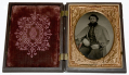 CRISP QUARTER PLATE TINTYPE UNION SOLDIER IN LADY WITH FALCON CASE