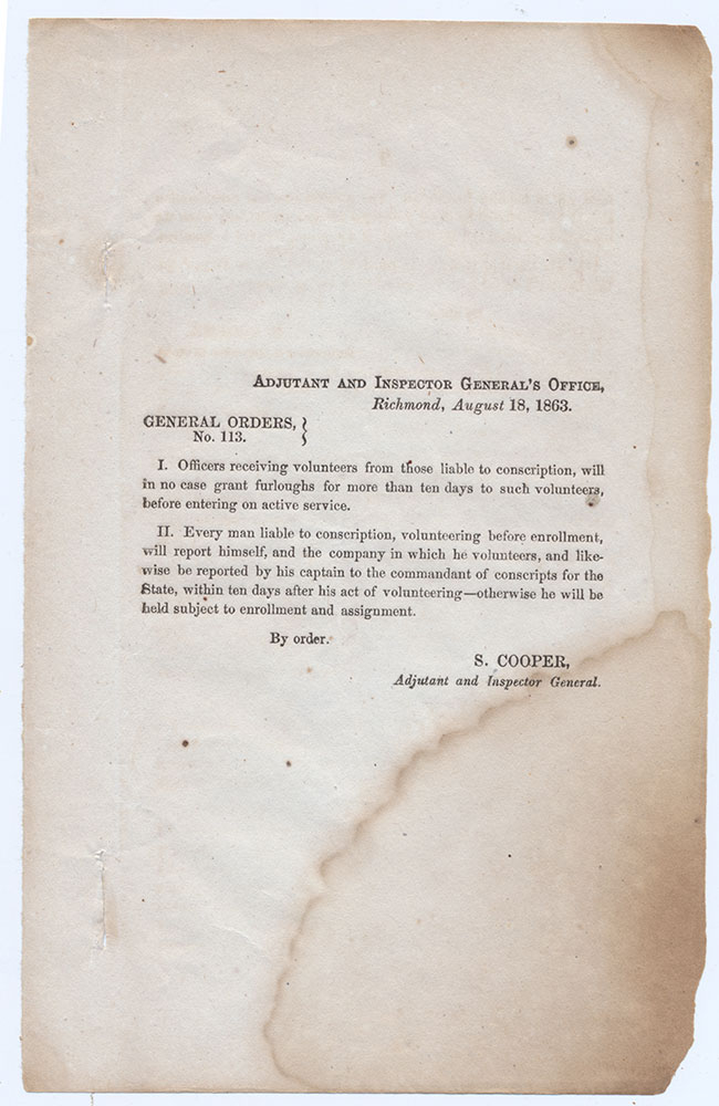 CONFEDERATE GENERAL ORDERS DOCUMENT – VOLUNTEERS AND CONSCRIPTS — Horse ...