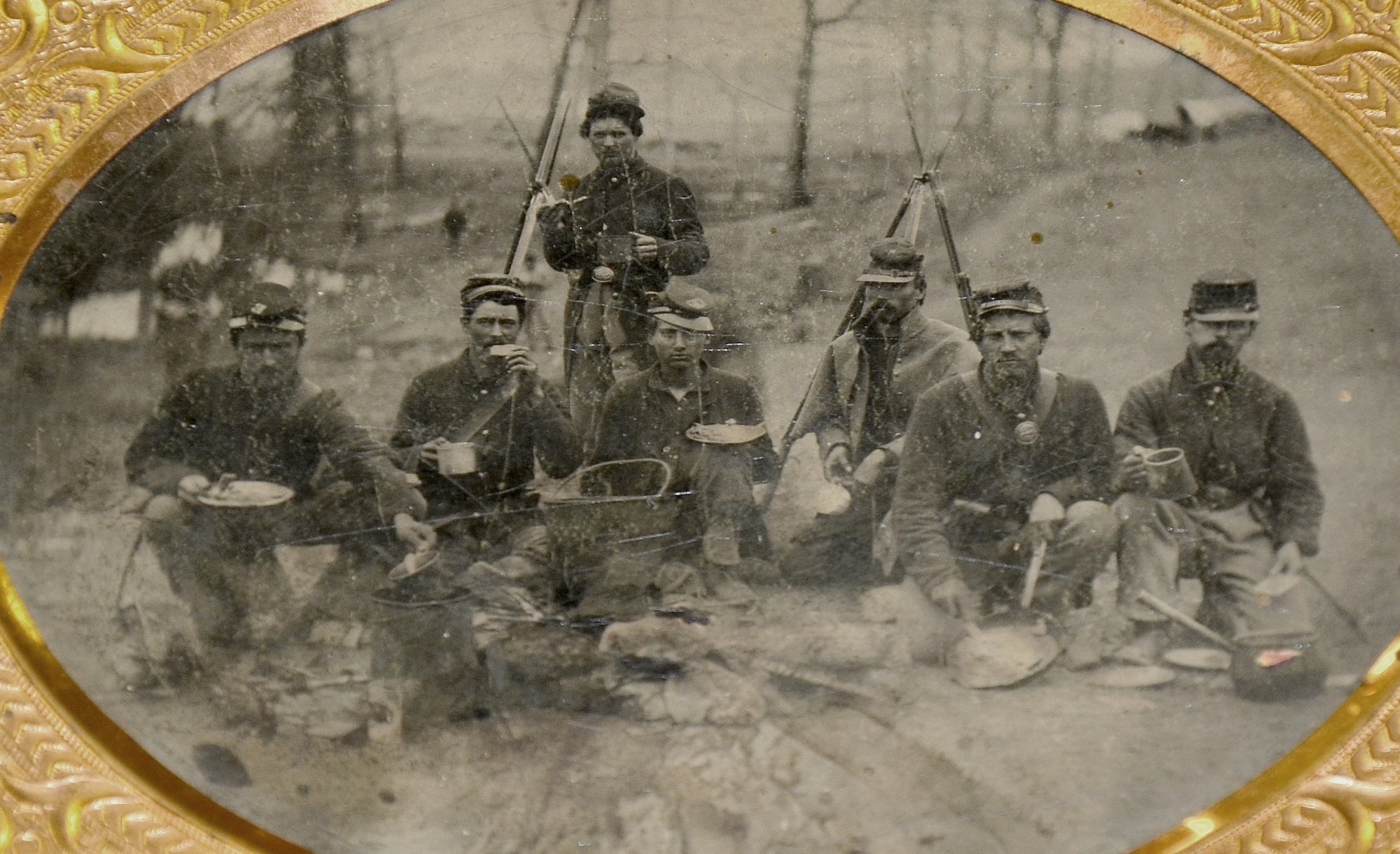 FANTASTIC OUTDOOR IMAGE OF SEVEN MEMBERS OF CO. E, 12TH INDIANA ...