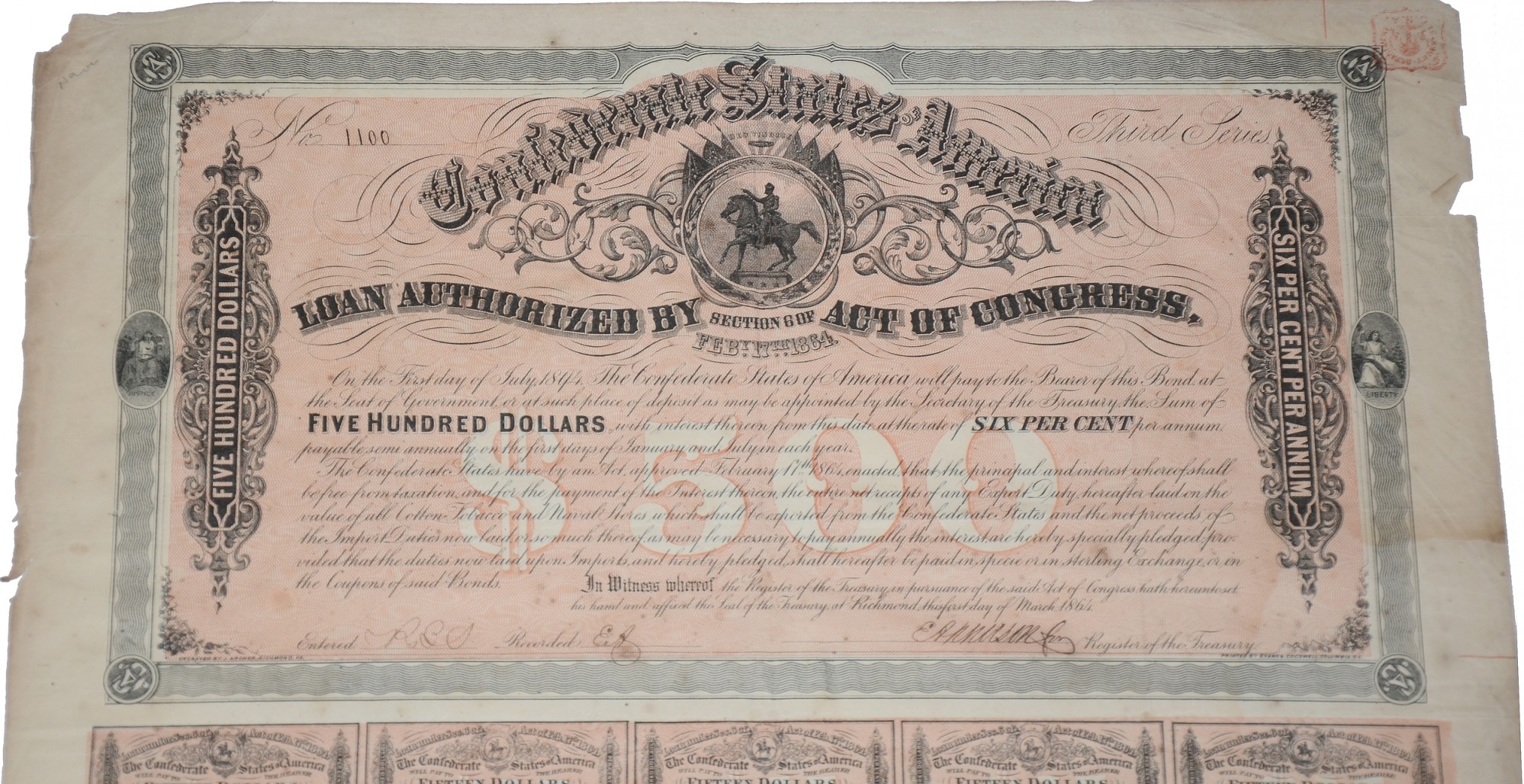 $500 CONFEDERATE BOND — Horse Soldier